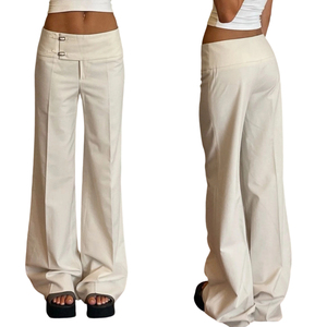 Y2K White Low Waist Wide Leg <b>Trousers</b>, Metal Buckle Detail Straight Pants, Elegant Casual Officewear - Product Image 1