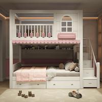 Lit en bois massif JS Modern Pink Cream avec fenêtre arquée, armoire-escalier de rangement et double tiroir, mobilier enfant double