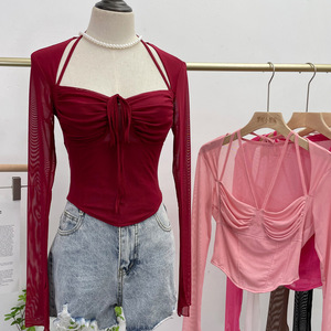 POLO in maglia tinta unita da <span class=keywords><strong>donna</strong></span> a manica lunga <span class=keywords><strong>marrone</strong></span> Cardigan stampa ombelico t-shirt per camicetta da <span class=keywords><strong>donna</strong></span> - Product Image 3