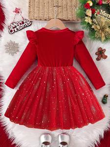 Nouvelle arrivée MS, robe de fête pour filles en sequins rouges, manches longues, pour enfants, tenue de fête d'hiver, vêtements formels - Product Image 3
