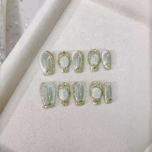 Nouvelles Faux Ongles Press-On Élégantes Entièrement Faits Main Pré-Conçues avec des Accents Éclatants en Cristal Teal Effet Œil de Chat et Motifs <span class=keywords><strong>Étoilé</strong></span>s - Product Image 1