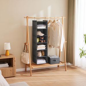6 Tier Hanging Closet Organizer Grey Foldable Storage <b>Shelf</b> With 2 <b>Hooks</b> For Bedroom Use - Product Image 5
