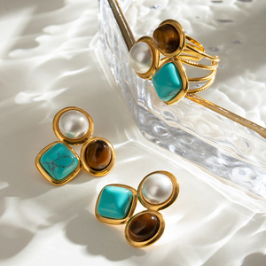 Geometric <b>Ring</b> <b>Set</b> With Pearl Turquoise Tiger Eye <b>Gold</b> Plated Bezel Setting Fashion Jewelry Gift - Product Image 2