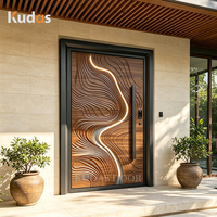 Porte d'entrée principale extérieure simple en aluminium moulé sculpté en 3D de luxe avec bande lumineuse LED intégrée pour villa et maison