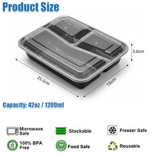 Hộp cơm trưa nhựa dùng một lần 42oz, 3 ngăn, an toàn thực phẩm, tiện dụng cho dã ngoại, ăn trưa, hộp bento, có thể dùng lò vi sóng - Product Image 2