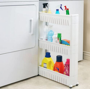 Estante de almacenamiento delgado de 3 niveles, organizador de espacio estrecho con ruedas para <span class=keywords><strong>baño</strong></span> y cocina, estante de esquina extraíble en plástico - Product Image 5