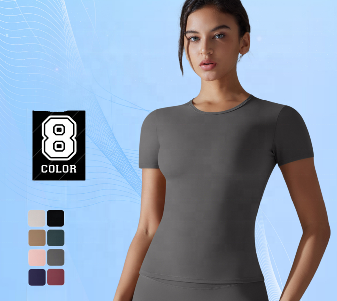 Hot Selling Nylon Women Seamless Sport Gym Fitness Short Sleeve Clothes Yoga Shirt Fitness Elastic Breathable Pilates Top