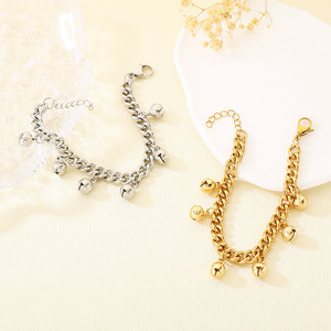 Pulsera de Eslabones Cubanos Gruesos Ajustable de Acero Inoxidable con Baño de Oro de 18k y Dije de Campana, Antideslustre, de Moda para Mujer - Product Image 4
