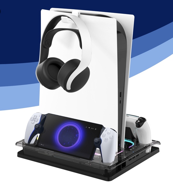 GAMINJA Cooling Station for PS5/Slim/Pro with Double Controller Charge 16 Game Slots 7 RGB 3 Level Cooling Fan Charging Stand