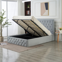 Cadre de lit double queen king size avec tête de lit capitonnée en tissu velours gris clair, boutons personnalisables, système de levage à gaz, rangement