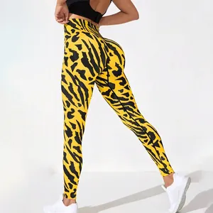 Celana olahraga wanita elastis tinggi, celana legging yoga motif macan tutul cepat kering, celana ketat pinggang tinggi elastis aktif kustom