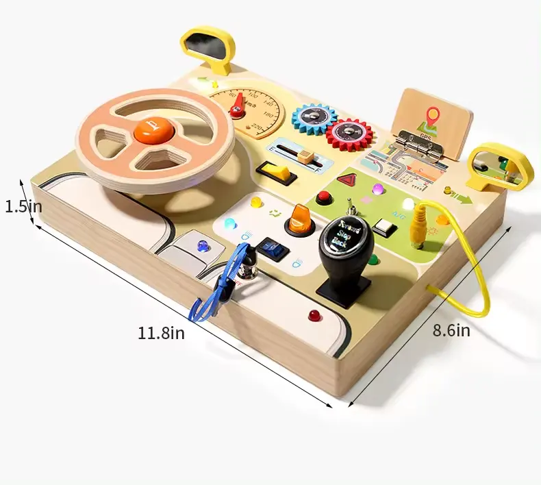 Geçiş anahtarı ile Montessori oyuncaklar direksiyon sürüş oyuncak duyusal Led ışık bebek araba ahşap meşgul kurulu