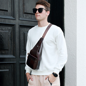 Genuine Leather Chest <b>Bag</b> For Men Brown Solid Color Large Capacity Retro Style Leisure Travel - Product Image 1