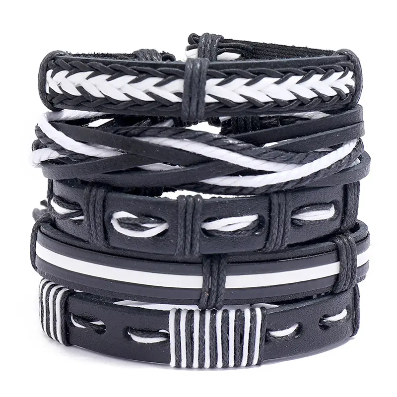 Skerwal Jewelry Cool 5Pcs Black White Genuine Leather Braided Cuff Bracelet Punk Bangle Wristband For Women Men