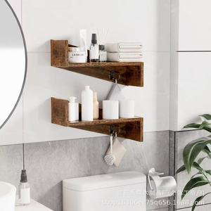 Estantes de Pared de Madera con Ganchos, Dos Niveles, Montaje con Tornillos, Estante de Almacenamiento para Baño - Product Image 1