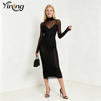 Robe moulante mi-longue noire à col roulé avec superposition en maille, fabrication OEM sur mesure pour femmes, vente en gros, fabrication sous marque privée