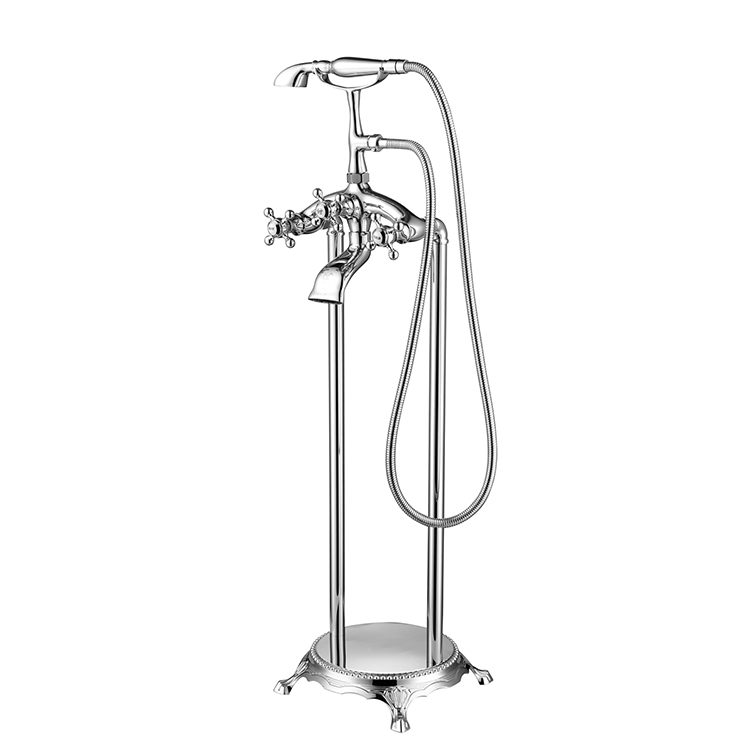 Chrome Floor Mount Tub Filler Bathroom Mixing Tap With Tel Handheld Shower Freestanding Triple Cross Knob Handle Bathtub Faucet