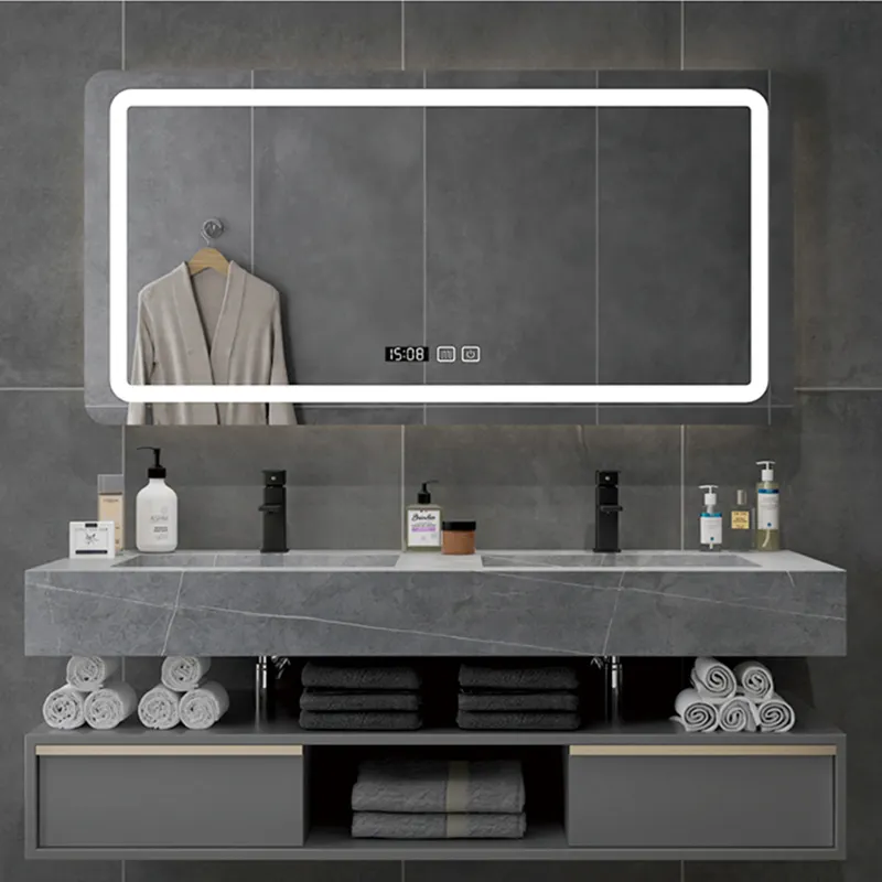 Stone Top Integrated Sink Bathroom Vanities Luxury Design Double Basin Bathroom Vanity Cabinet With Mirror