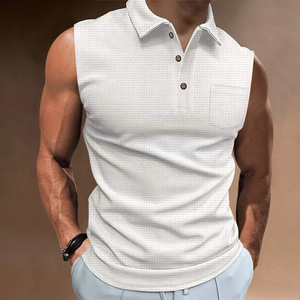 Chaleco de Verano OEM para Hombre, 100% Algodón, Transpirable, Tejido, Informal, Deportivo, con Solapa, Abotonado, Sin Mangas, para Fitness, Estampado Sólido - Product Image 5