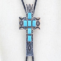 Nouvel Arrivage : Pince à cravate Bolo Western en alliage de zinc tendance avec pierre turquoise et motif croix