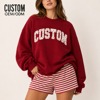 Ensemble décontracté 2 pièces en coton pour femme : Sweat-shirt oversize personnalisé à col montant imprimé étoiles et broderies, et short rayé assorti