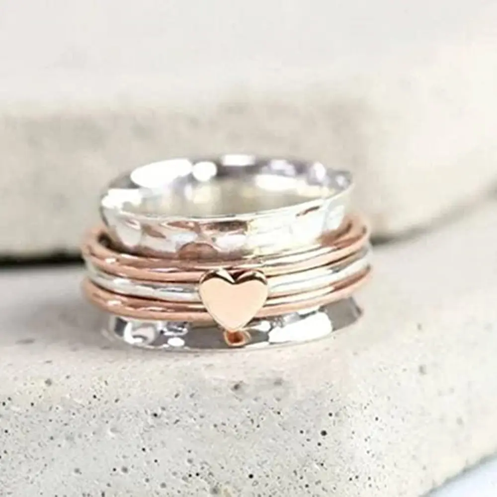 Heart Rotating Anxiety Relief Ring Vintage Plain Hammered Spinners Band Relief Anxiety Rings Love Ring Gifts For Women Jewelry