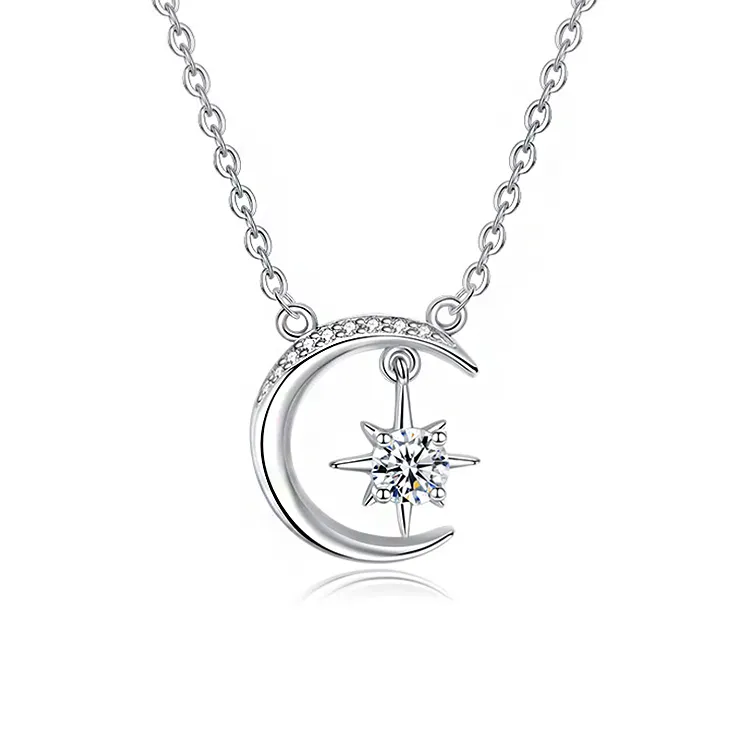 Light luxury Star moon 18k white gold moissanite diamond pendant custom necklace for women