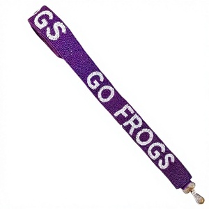 Sangle de sac de soirée personnalisée en coton brodé à la main avec perles de rocaille or et blanc, motif Gofrogs violet - Product Image 1