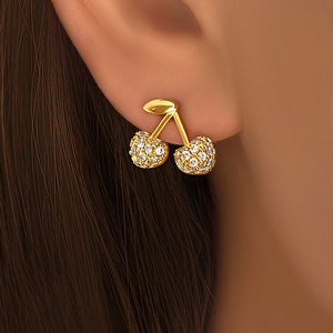 Wholesale S925 Sterling Silver Cherry <strong>Earrings</strong> Full Pave CZ Studs Leaf <strong>Stem</strong> Cute Fruit Fashion Jewelry Featuring Zircon Bulk - Product Image 2