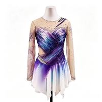 Robe de patinage artistique dégradé violet, bleu et blanc, en maille, à manches longues, avec strass et découpes à la taille, pour compétition sur glace