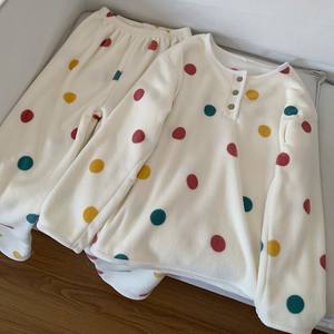 Pull à manches longues doux et confortable pour femmes avec col rond à pois épaissi Ensemble chaud décontracté pour rester à la maison - Product Image 2