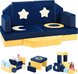 Ensemble de canapés modulaires pour enfants avec motif étoile et lune, meubles en mousse bleus et jaunes pour les tout-petits et les enfants, salle de jeux - Product Image 1
