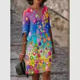 Robe imprimée col en V pour femme, grande taille, style vintage, manches trois-quarts, confortable, tenue de soirée, motif noir et or - Product Image 4