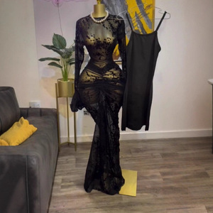 GX6301 Moda 2026 Abiti Eleganti da Donna Primaverili con Scollo a O, <span class=keywords><strong>Maniche</strong></span> <span class=keywords><strong>Lunghe</strong></span> a Campana, Trasparenti, Maxi, con Fodera - Product Image 1