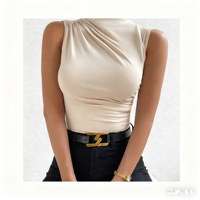 Atasan Tanpa Lengan Berlogo Kustom dengan Ruffle, Warna Solid, Panjang Pendek, Musim Panas, Wanita, Kasual, Streetwear