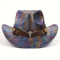 Chapeau de cowboy en cuir Longhorn argenté à imprimé serpent irisé, style gothique punk, pour adultes, vente en gros