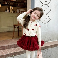 Ensemble cardigan tricoté style universitaire pour bébés filles automne-hiver, en fibre acrylique douce, pull à manches longues avec dentelle, tenue deux pièces
