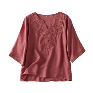 Women's Cotton Linen Embroidered V-Neck Top Mid Sleeve Casual Vintage Blouse Everyday Wear Red Pink Yellow Camel - Product Image 5