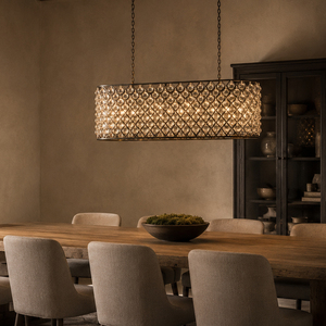 Lámpara colgante rectangular de cristal estilo casa de campo con marco de metal de rejilla de diamantes para decoración de mesa de comedor. - Product Image 1