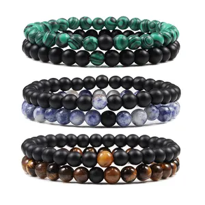 Gelang pasangan untuk pria dan wanita, 2 buah/Set Perhiasan batu Lava Rock Onyx biru pirus batu manik-manik gelang pasangan hadiah