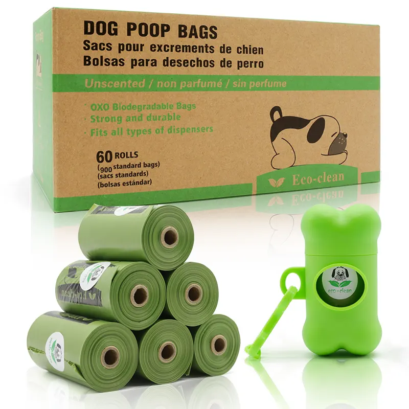 60 Rolls Logo Customized Eco-Enviromental Dispenser HDPE+EPI Fully Compostable Disposable Small Animals Pet Dog Poop Bag