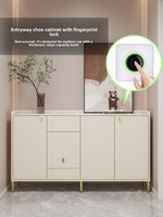 Meuble à chaussures de luxe blanc crème en contreplaqué, 2 portes, plateau en pierre frittée, serrure intelligente à empreinte digitale, tabouret pliant, pieds hauts, entrée