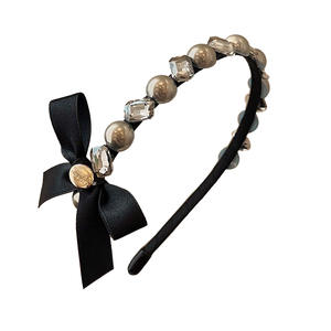 Boda novia accesorio para el cabello Hada gasa Bowknot tocado brillante mujeres borde fino Rhinestone perla diadema - Product Image 5