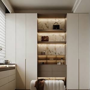 Armoire ouverte intégrée sur mesure avec fond en marbre, éclairage LED et étagères multi-niveaux pour un rangement moderne en appartement - Product Image 3
