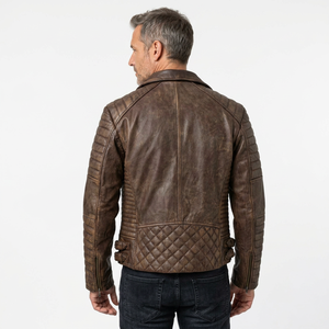 Veste en cuir véritable marron pour homme, coupe ajustée, col rabattu, fermeture éclair, doublure satinée, style hiver, respirante à l'avant - Product Image 5