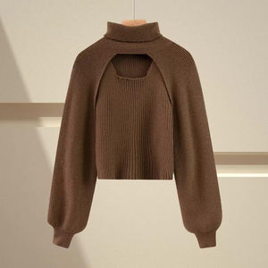 Conjunto de <span class=keywords><strong>Dos</strong></span> Piezas de Suéter de Punto Personalizado con Cuello Alto para Mujer, Diseño Calado, Suéter de Cachemira, Bolero de Punto - Product Image 5