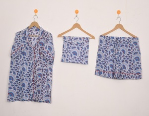 Ensembles de pyjama courts en coton vintage à col rabattu boutonnés, imprimés à la main, respirants et à séchage rapide, les plus vendus - Product Image 2