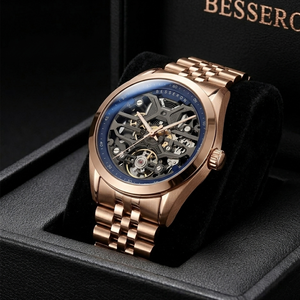 Orologio Meccanico da Uomo Scheletrato con Cassa in Acciaio Inox Color Oro Rosa, Movimento Automatico di Importazione e Logo Personalizzato - Product Image 1
