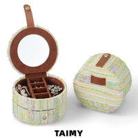 Boîte à bijoux de voyage avec miroir, petite boîte ronde à double couche en coton suédé, organiseur portable pour ranger les boucles d'oreilles, les bagues, pour femmes
