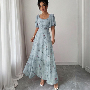 Robe longue élégante décontractée pour femme, idéale pour les fêtes et les vacances, en mousseline florale, col carré, manches courtes à volants, taille haute, coupe trapèze, pour l'été - Product Image 3